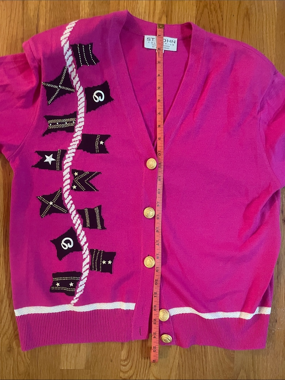 St. John Hot Pink Embellished V-Neck Cardigan with Gold Buttons - Picture 8 of 8